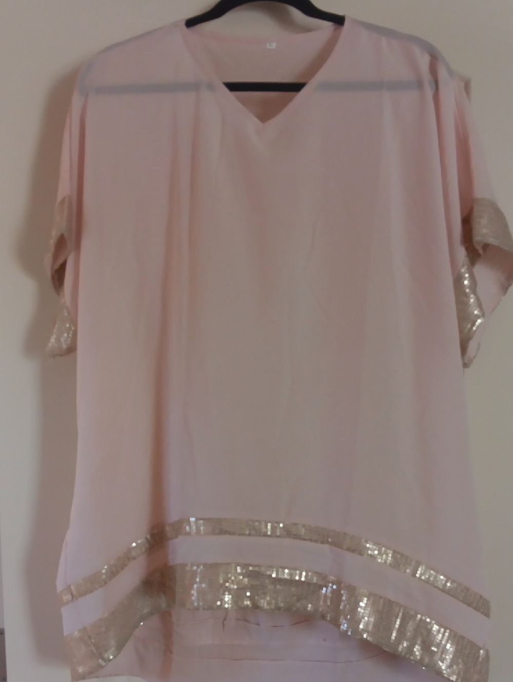 Light Pink V-Neck Sequin Hem Women’s Top or Sheer Swim Coverup